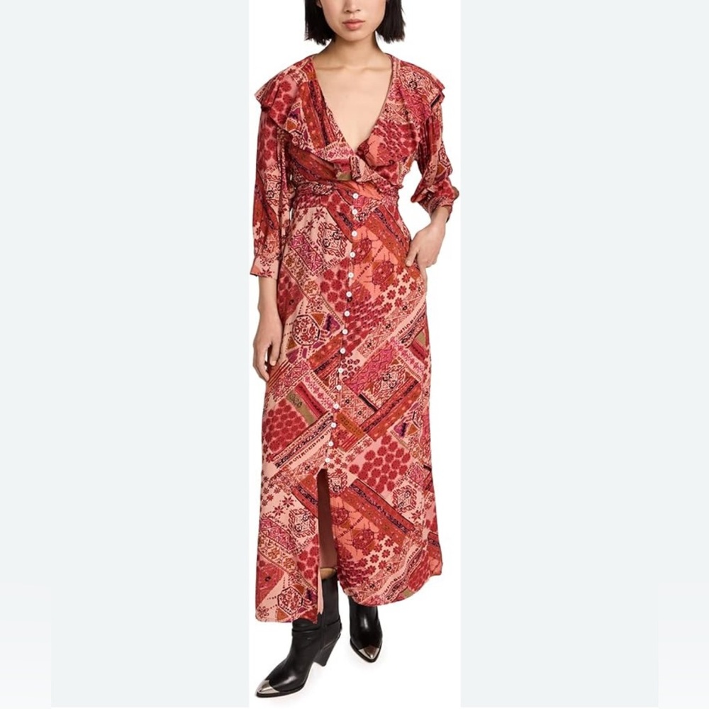 Free People Red Multi Print Button-Front Maxi Dress